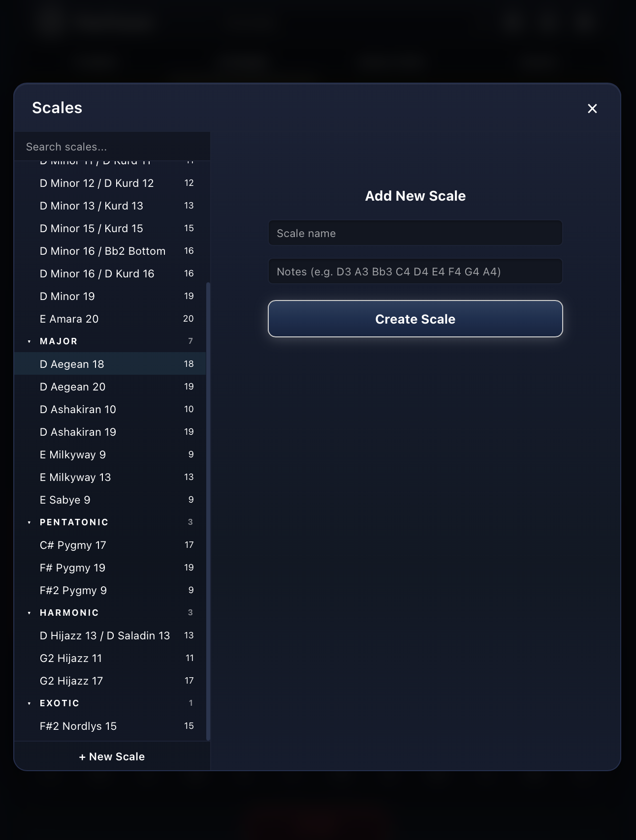 Add New Scale form with scale name and notes fields