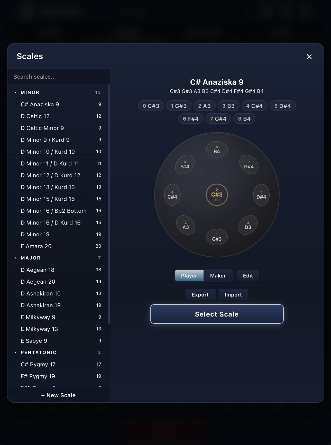 PanTuner scale library with an interactive handpan layout showing the Ding and numbered tone fields