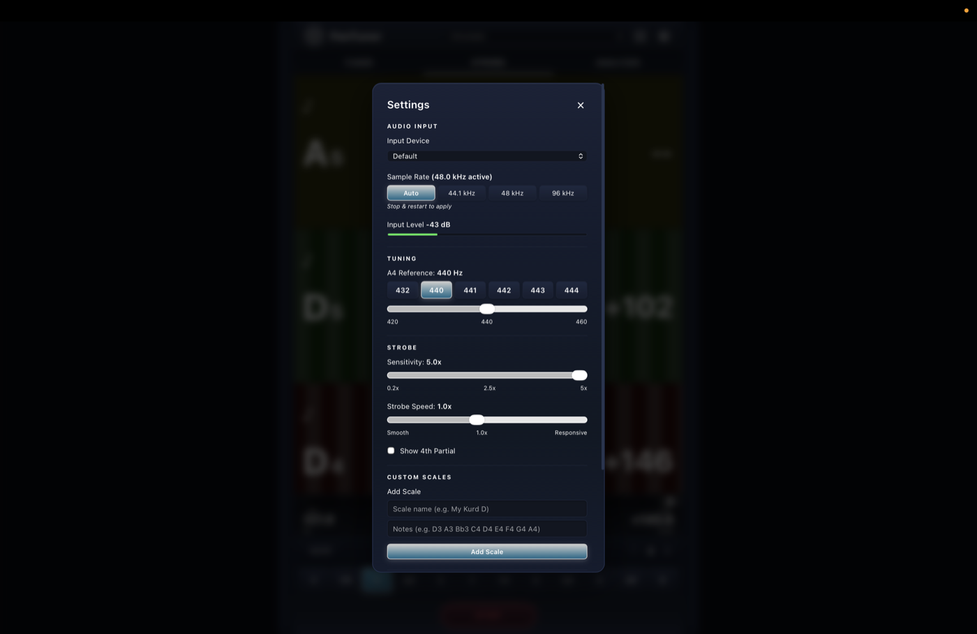 Settings panel with audio, tuning, and strobe options